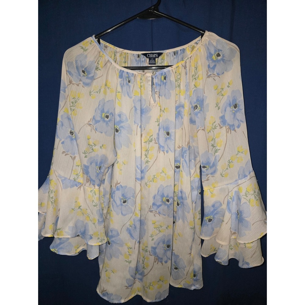 Chaps Womens Blue Yellow Floral Chiffon Bell Sleeve Keyhole Blouse Large